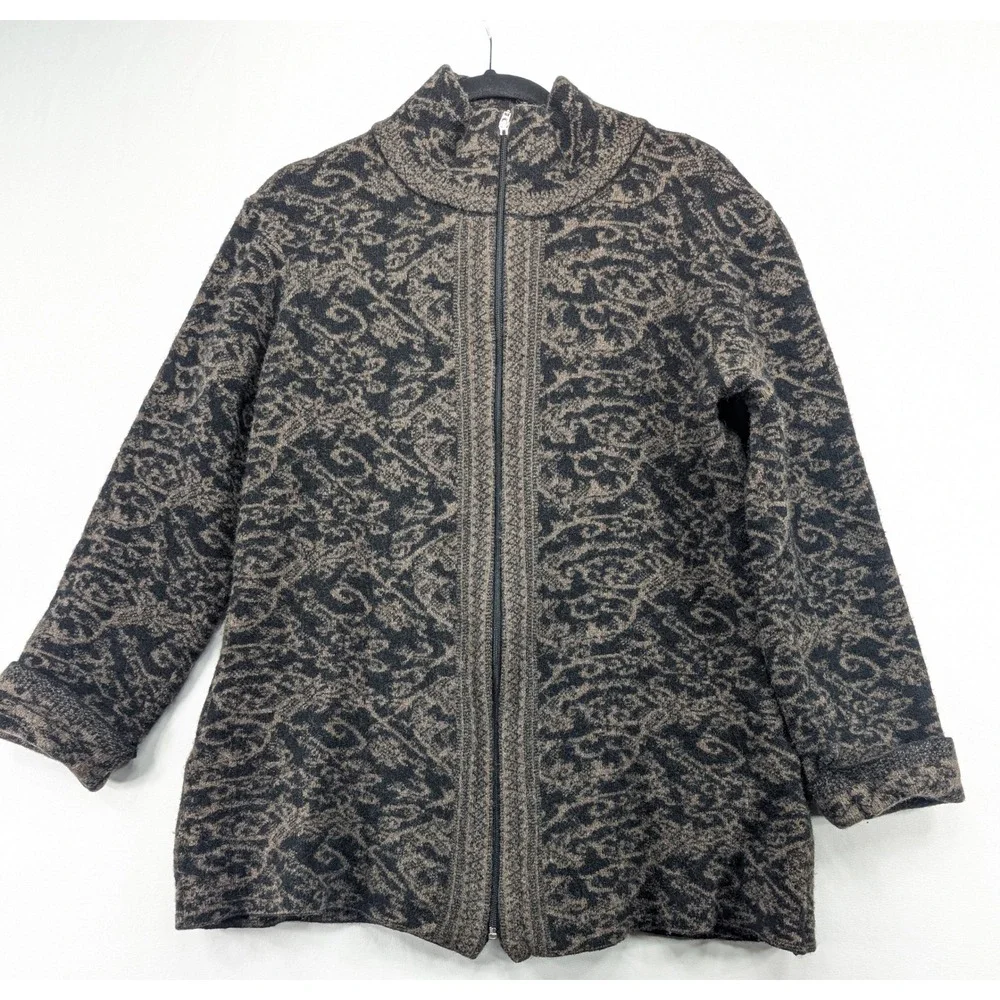 A.IDA Made in‎ Italy Wool Blend Full Zip Damask Sweater Jacket XL Charcoal Taupe